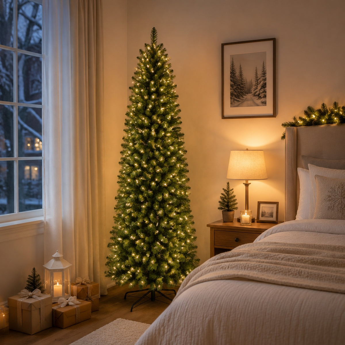 DRNEWI 5.5ft Prelit Artificial Slim Pencil Christmas Tree with 160 Warm White Lights, Full Branch 450 Tips