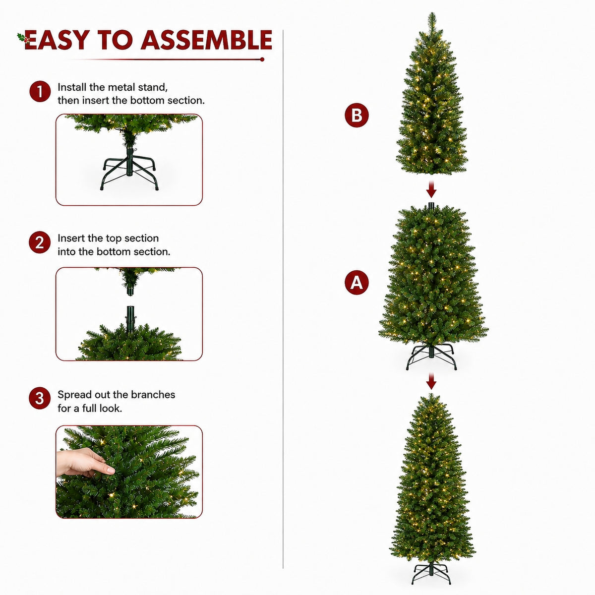 DRNEWI 4.5ft Prelit Artificial Slim Pencil Christmas Tree with 120 Warm White Lights, Full Branch 320 Tips