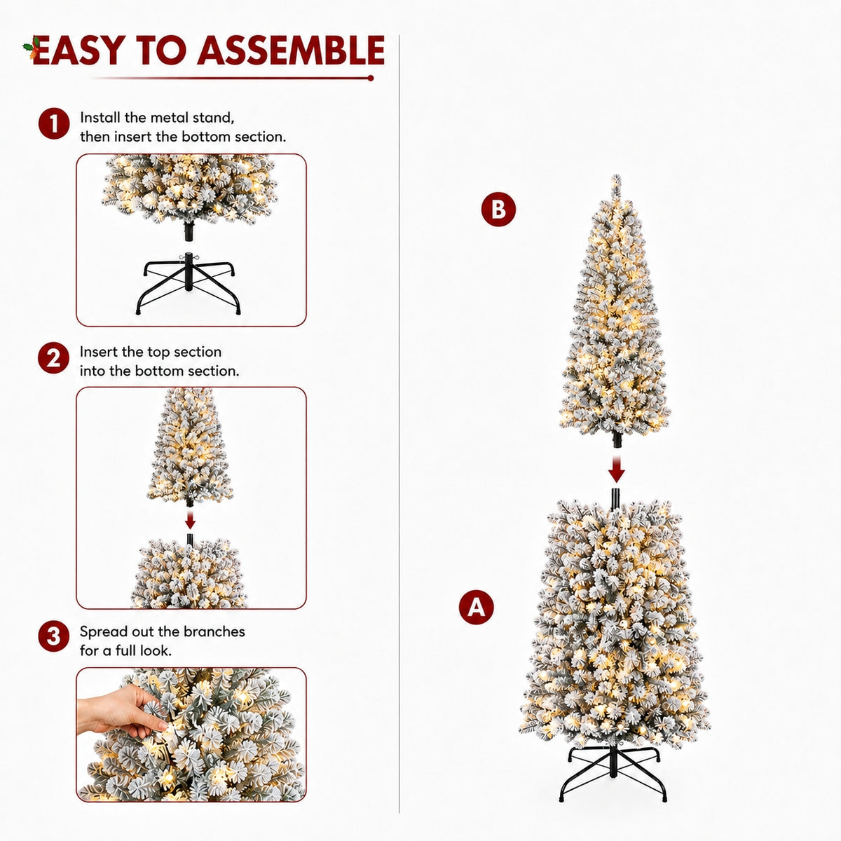 DRNEWI 4.5ft Prelit Snow Flocked Artificial Pencil Christmas Tree with Warm White Lights, Full Branch Tips, Perfect Choice Decoration for Xmas Holiday