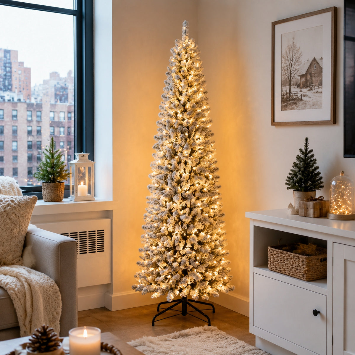 DRNEWI 9ft Prelit Snow Flocked Artificial Pencil Christmas Tree with Warm White Lights, Full Branch Tips, Perfect Choice Decoration for Xmas Holiday