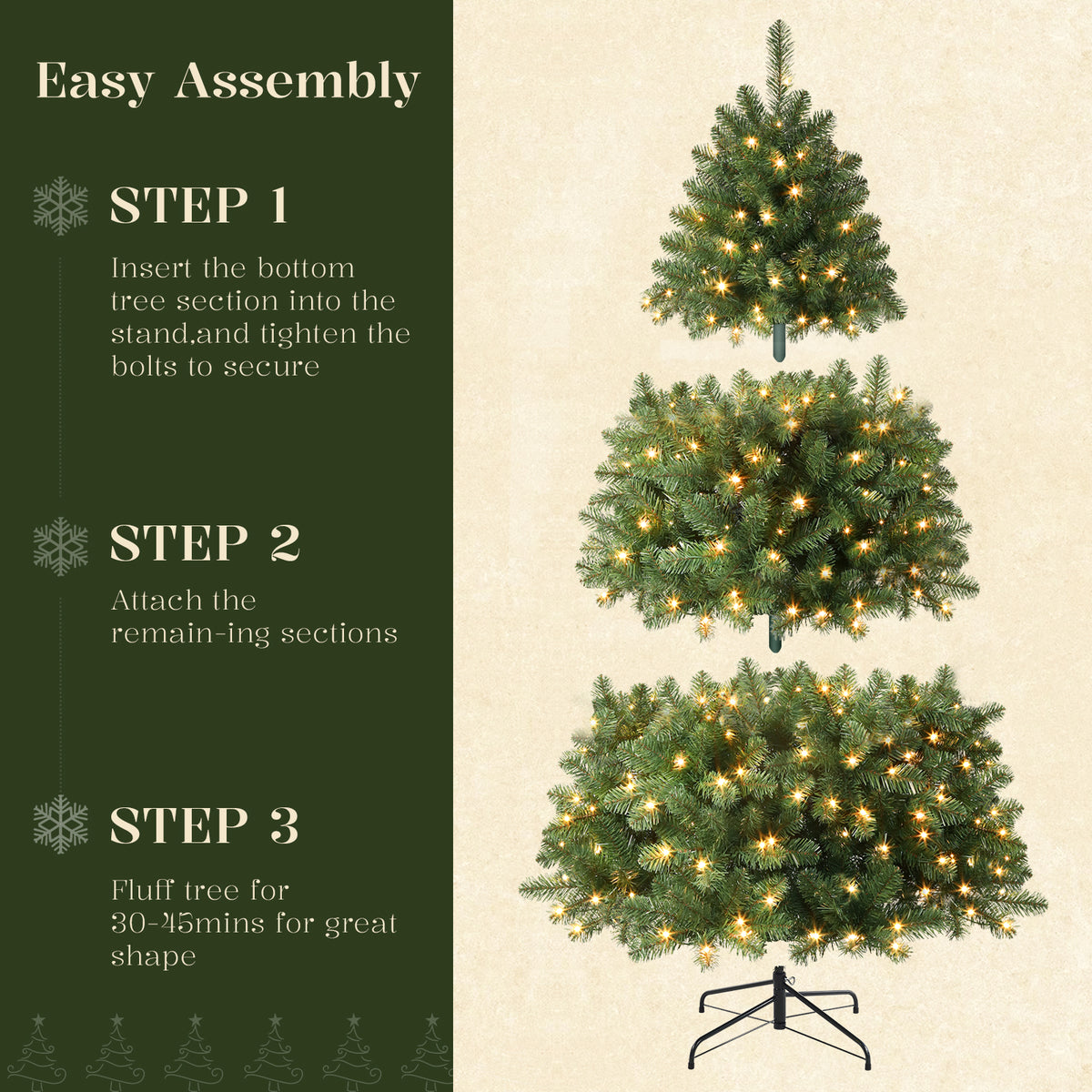 DRNEWI 7.5ft Pre-Lit Artificial Christmas Tree with 370 Warm White Lights and 1280 Tips for Living Room and Party Decor