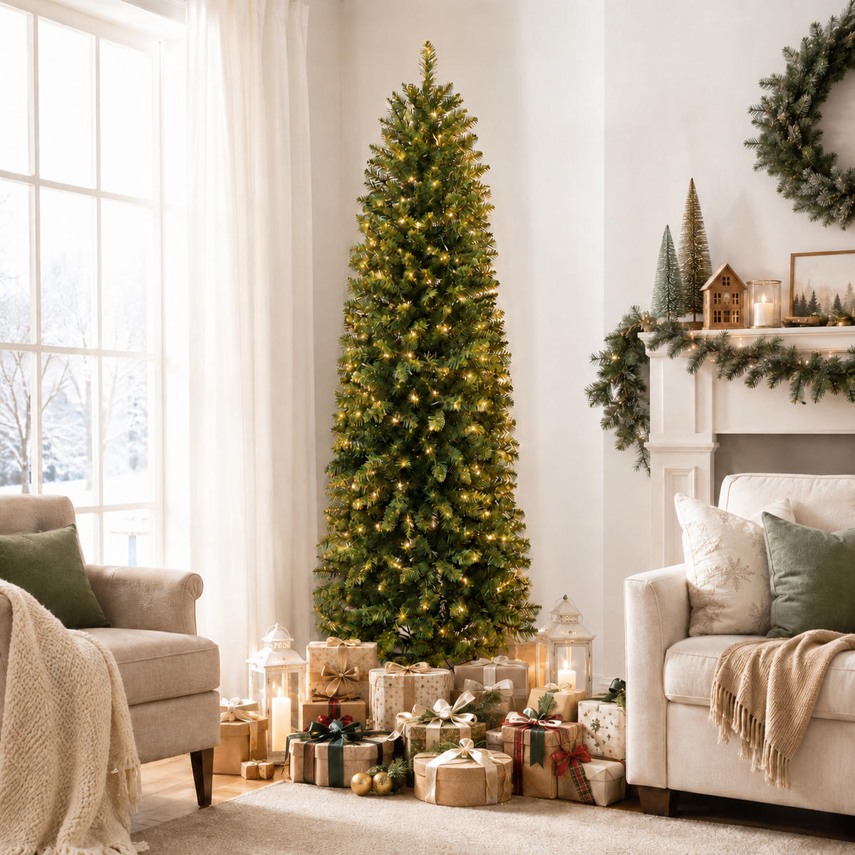 DRNEWI 9ft Prelit Artificial Slim Pencil Christmas Tree with 460 Warm White Lights, Full Branch 1260 Tips