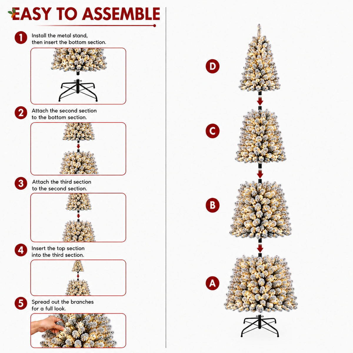 DRNEWI 9ft Prelit Snow Flocked Artificial Pencil Christmas Tree with Warm White Lights, Full Branch Tips, Perfect Choice Decoration for Xmas Holiday