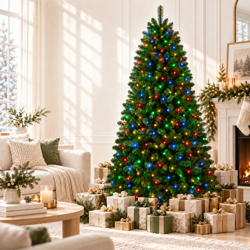 DRNEWI 7.5ft Prelit Artificial Christmas Tree w/ Remote Control and Warm White & Color Changing Lights