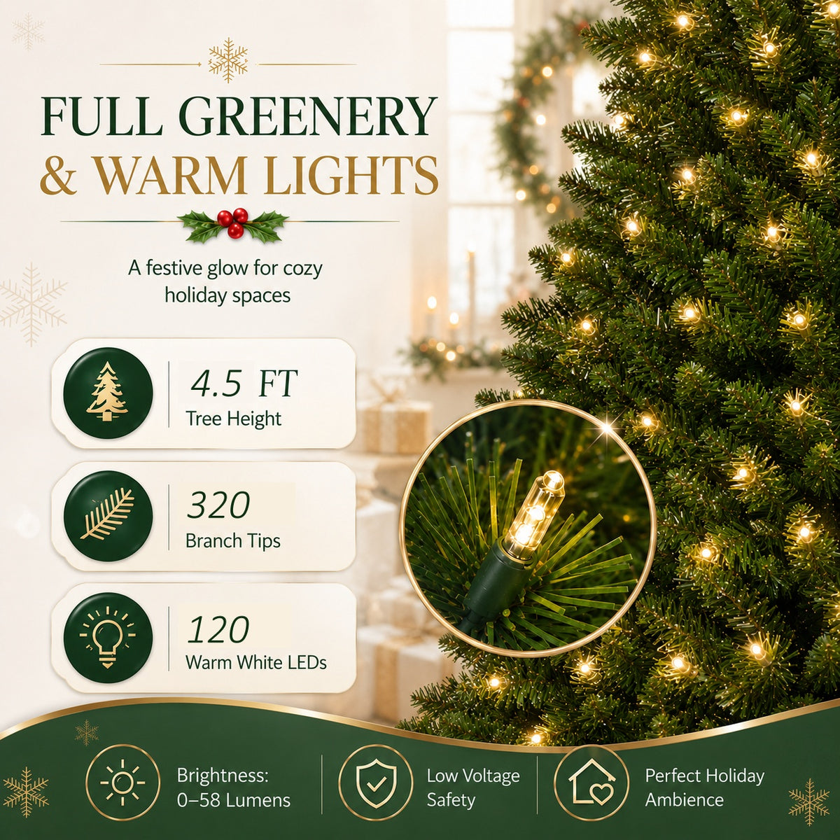 DRNEWI 4.5ft Prelit Artificial Slim Pencil Christmas Tree with 120 Warm White Lights, Full Branch 320 Tips