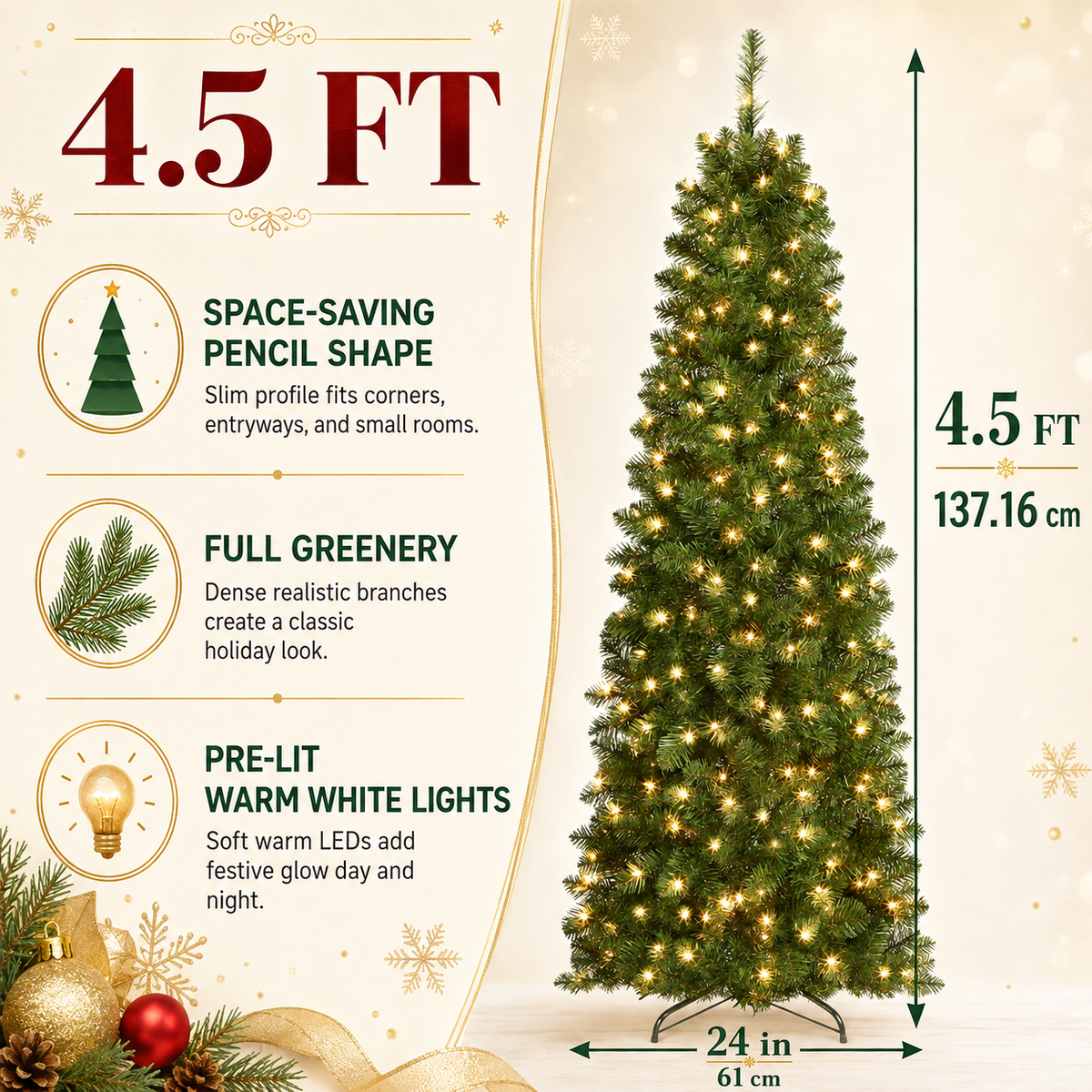 DRNEWI 4.5ft Prelit Artificial Slim Pencil Christmas Tree with 120 Warm White Lights, Full Branch 320 Tips