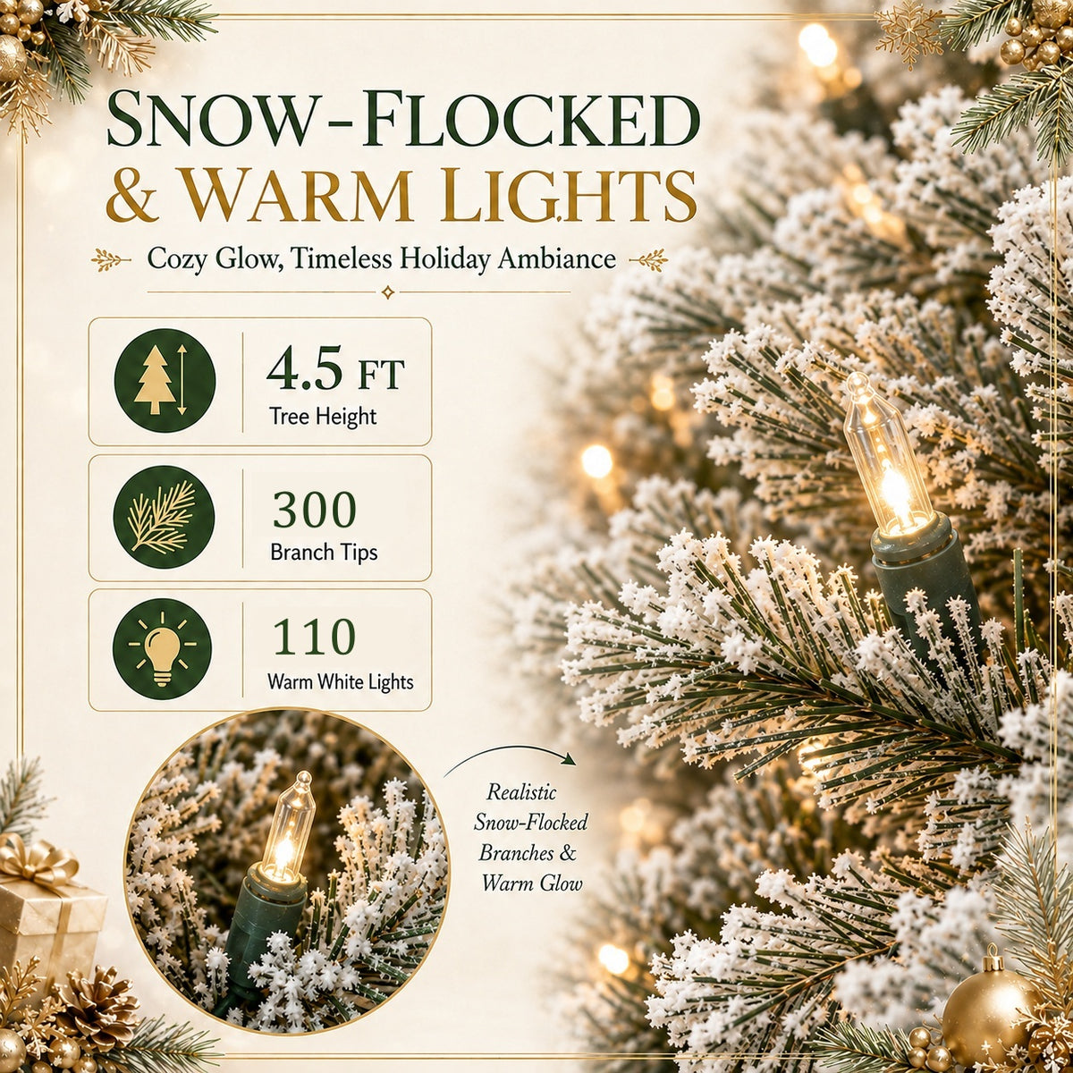 DRNEWI 4.5ft Prelit Snow Flocked Artificial Pencil Christmas Tree with Warm White Lights, Full Branch Tips, Perfect Choice Decoration for Xmas Holiday