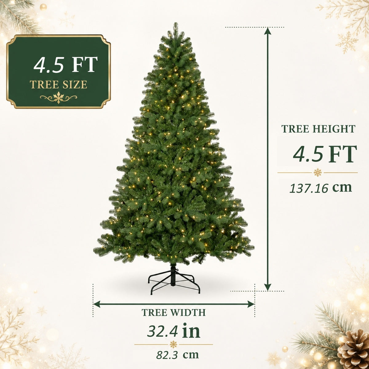 DRNEWI 4.5ft Pre-Lit Artificial Christmas Tree with 120 Warm White Lights and 450 Tips for Living Room and Party Decor