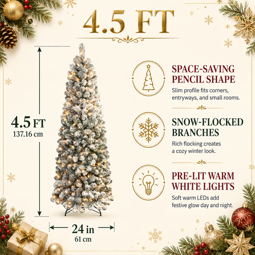 DRNEWI 4.5ft Prelit Snow Flocked Artificial Pencil Christmas Tree with Warm White Lights, Full Branch Tips, Perfect Choice Decoration for Xmas Holiday