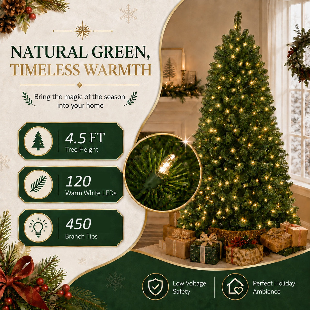 DRNEWI 4.5ft Pre-Lit Artificial Christmas Tree with 120 Warm White Lights and 450 Tips for Living Room and Party Decor