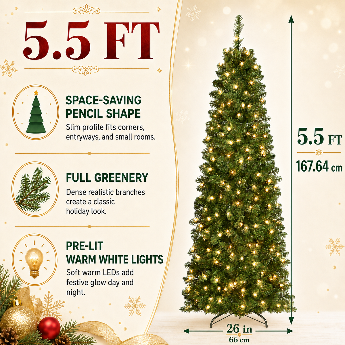 DRNEWI 5.5ft Prelit Artificial Slim Pencil Christmas Tree with 160 Warm White Lights, Full Branch 450 Tips