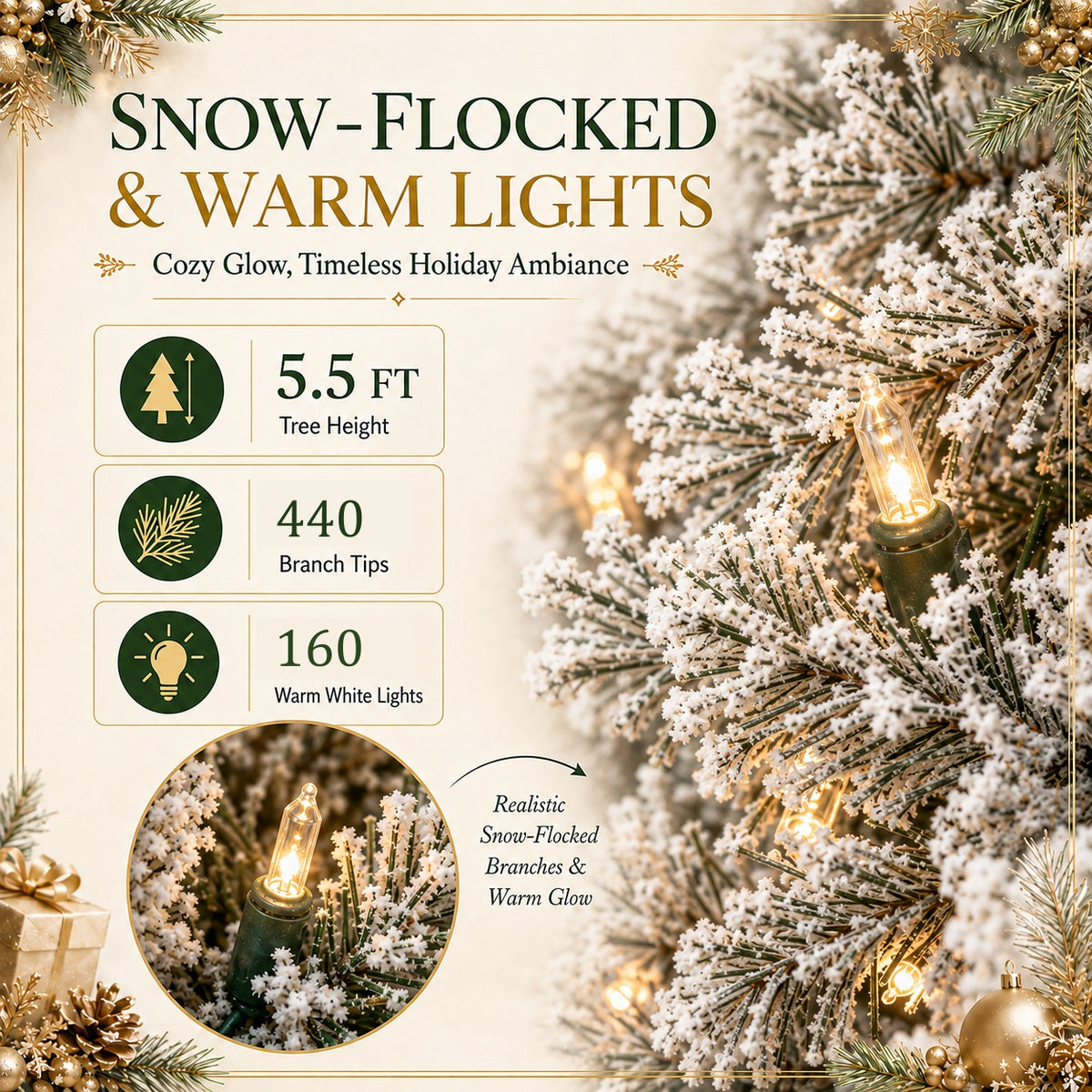 DRNEWI 5.5ft Prelit Snow Flocked Artificial Pencil Christmas Tree with Warm White Lights, Full Branch Tips, Perfect Choice Decoration for Xmas Holiday