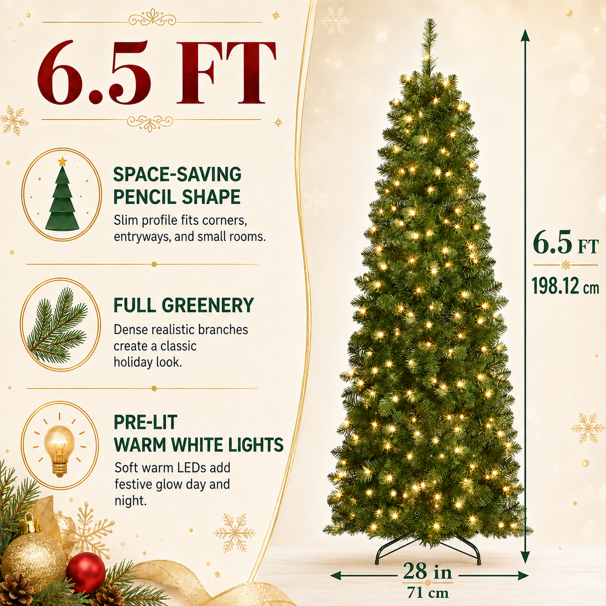DRNEWI 6.5ft Prelit Artificial Slim Pencil Christmas Tree with 230 Warm White Lights, Full Branch 660 Tips