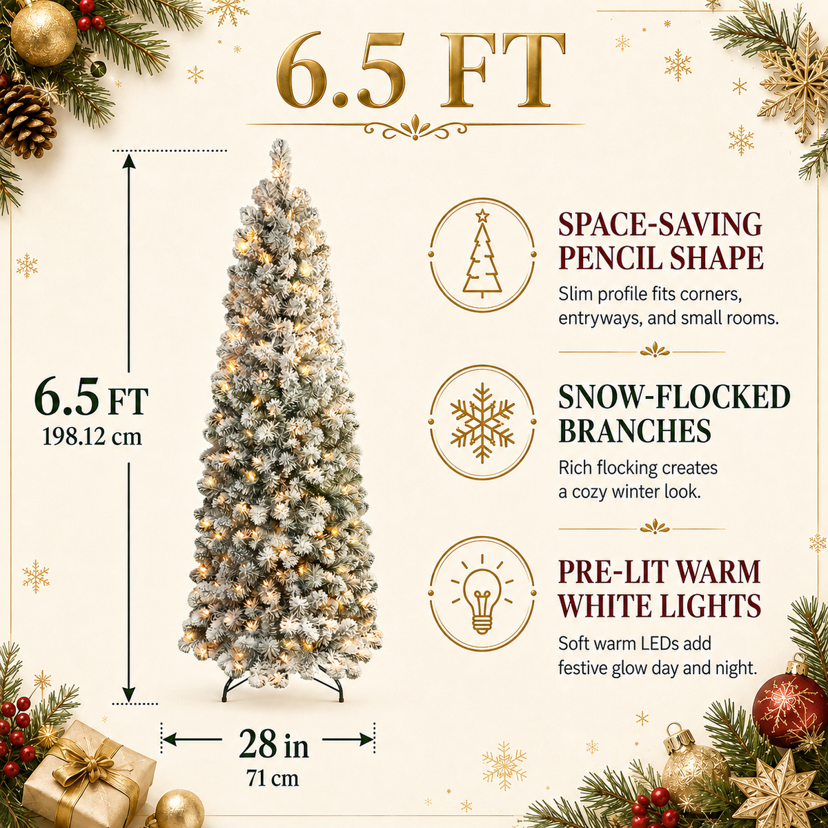 DRNEWI 6.5ft Prelit Snow Flocked Artificial Pencil Christmas Tree with Warm White Lights, Full Branch Tips, Perfect Choice Decoration for Xmas Holiday