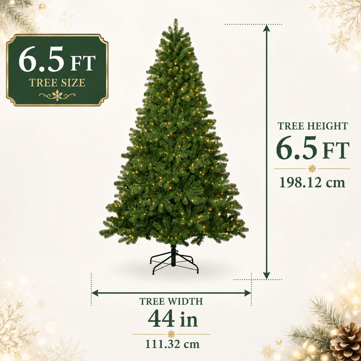 DRNEWI 6.5ft Pre-Lit Artificial Christmas Tree with 220 Warm White Lights and 980 Tips for Living Room and Party Decor