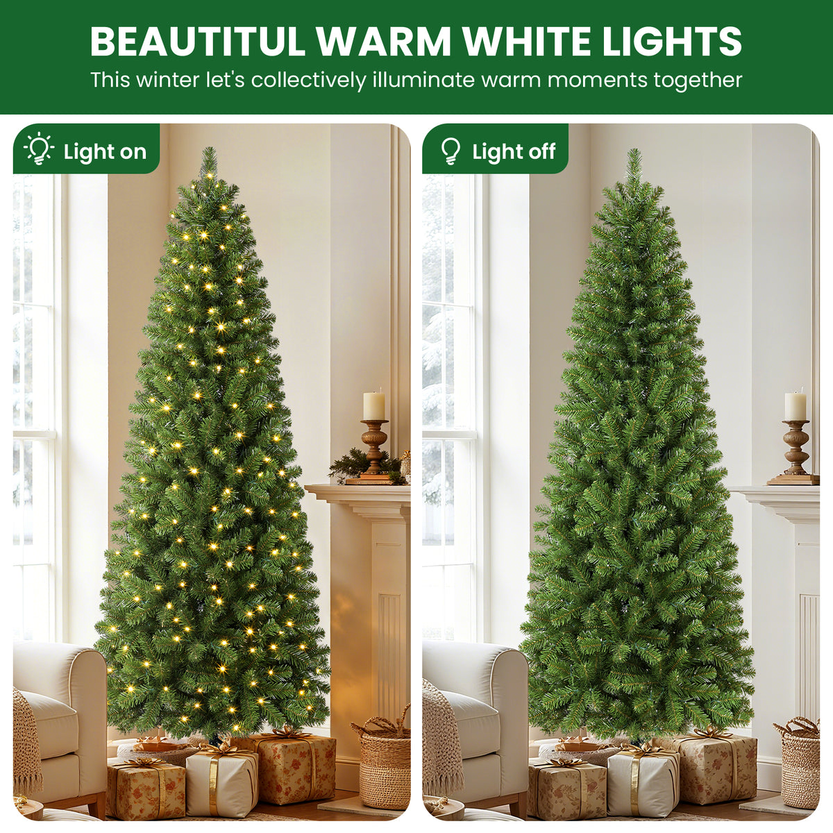 DRNEWI 4.5ft Prelit Artificial Slim Pencil Christmas Tree with 120 Warm White Lights, Full Branch 320 Tips
