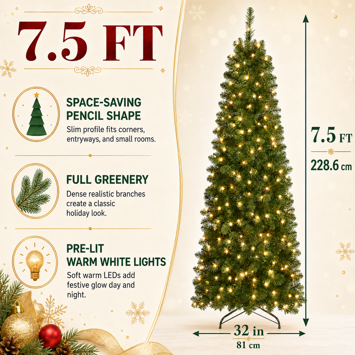 DRNEWI 7.5ft Prelit Artificial Slim Pencil Christmas Tree with 330 Warm White Lights, Full Branch 880 Tips