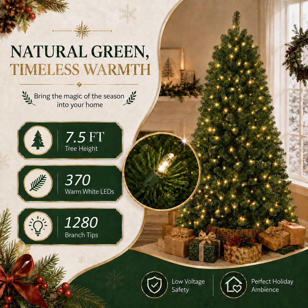 DRNEWI 7.5ft Pre-Lit Artificial Christmas Tree with 370 Warm White Lights and 1280 Tips for Living Room and Party Decor