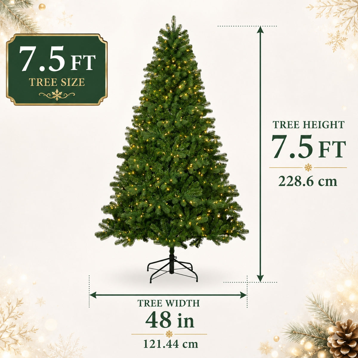 DRNEWI 7.5ft Pre-Lit Artificial Christmas Tree with 370 Warm White Lights and 1280 Tips for Living Room and Party Decor