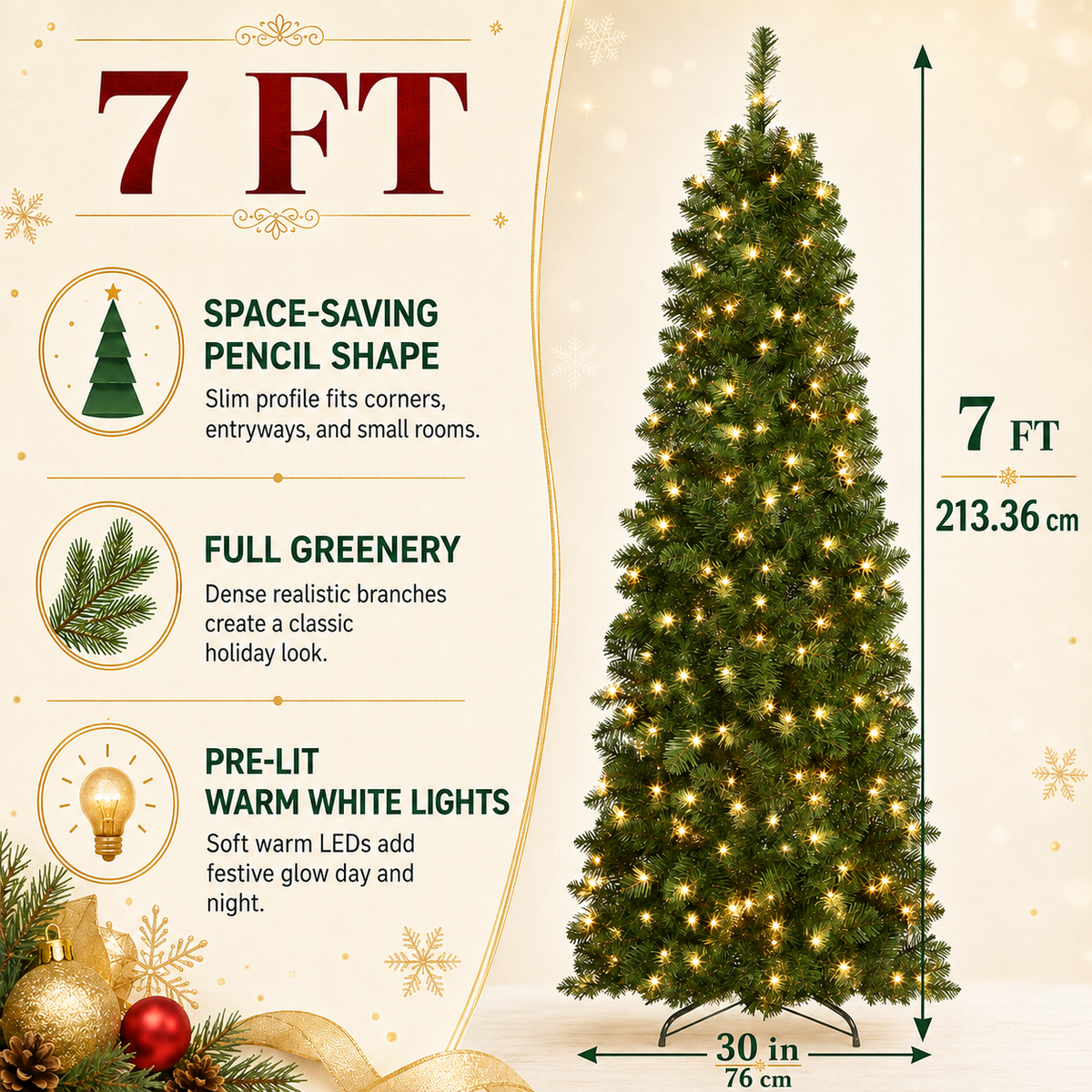 DRNEWI 7ft Prelit Artificial Slim Pencil Christmas Tree with 260 Warm White Lights, Full Branch 720 Tips