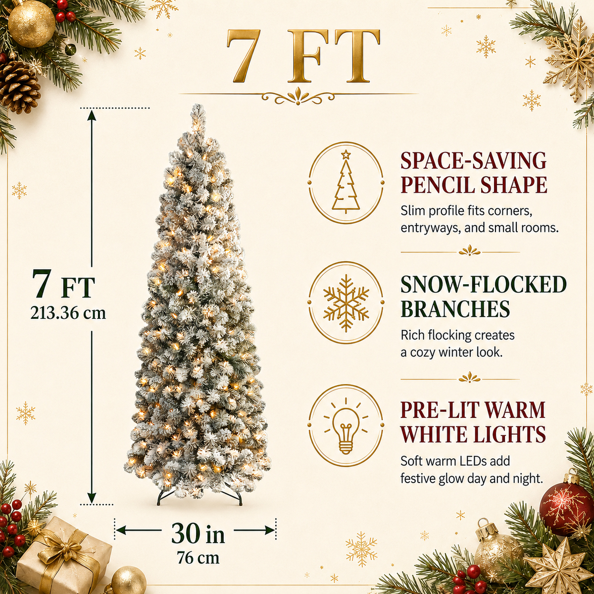 DRNEWI 7ft Prelit Snow Flocked Artificial Pencil Christmas Tree with Warm White Lights, Full Branch Tips, Perfect Choice Decoration for Xmas Holiday