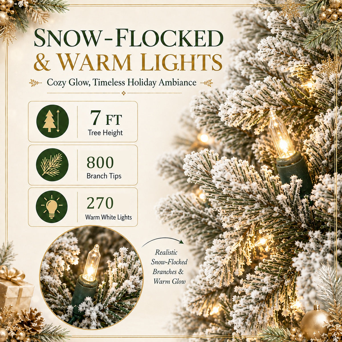 DRNEWI 7ft Prelit Snow Flocked Artificial Pencil Christmas Tree with Warm White Lights, Full Branch Tips, Perfect Choice Decoration for Xmas Holiday