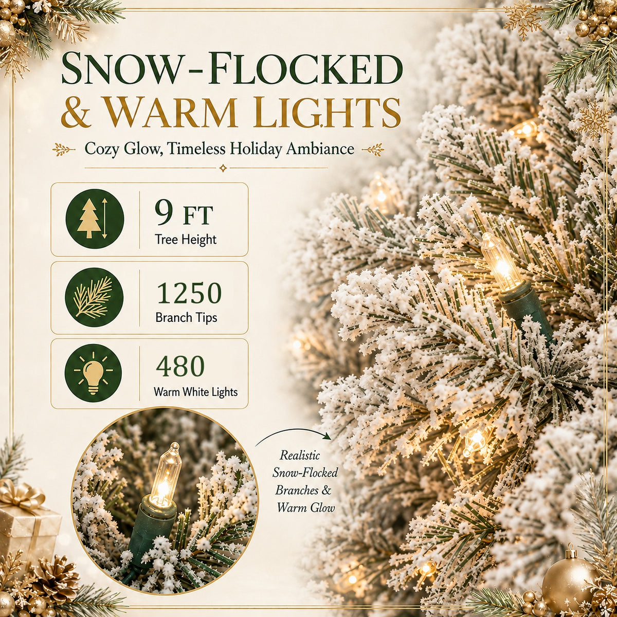 DRNEWI 9ft Prelit Snow Flocked Artificial Pencil Christmas Tree with Warm White Lights, Full Branch Tips, Perfect Choice Decoration for Xmas Holiday