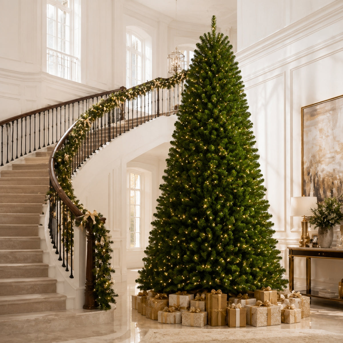 DRNEWI 9ft Pre-Lit Artificial Christmas Tree with 580 Warm White Lights and 2400 Tips for Living Room and Party Decor