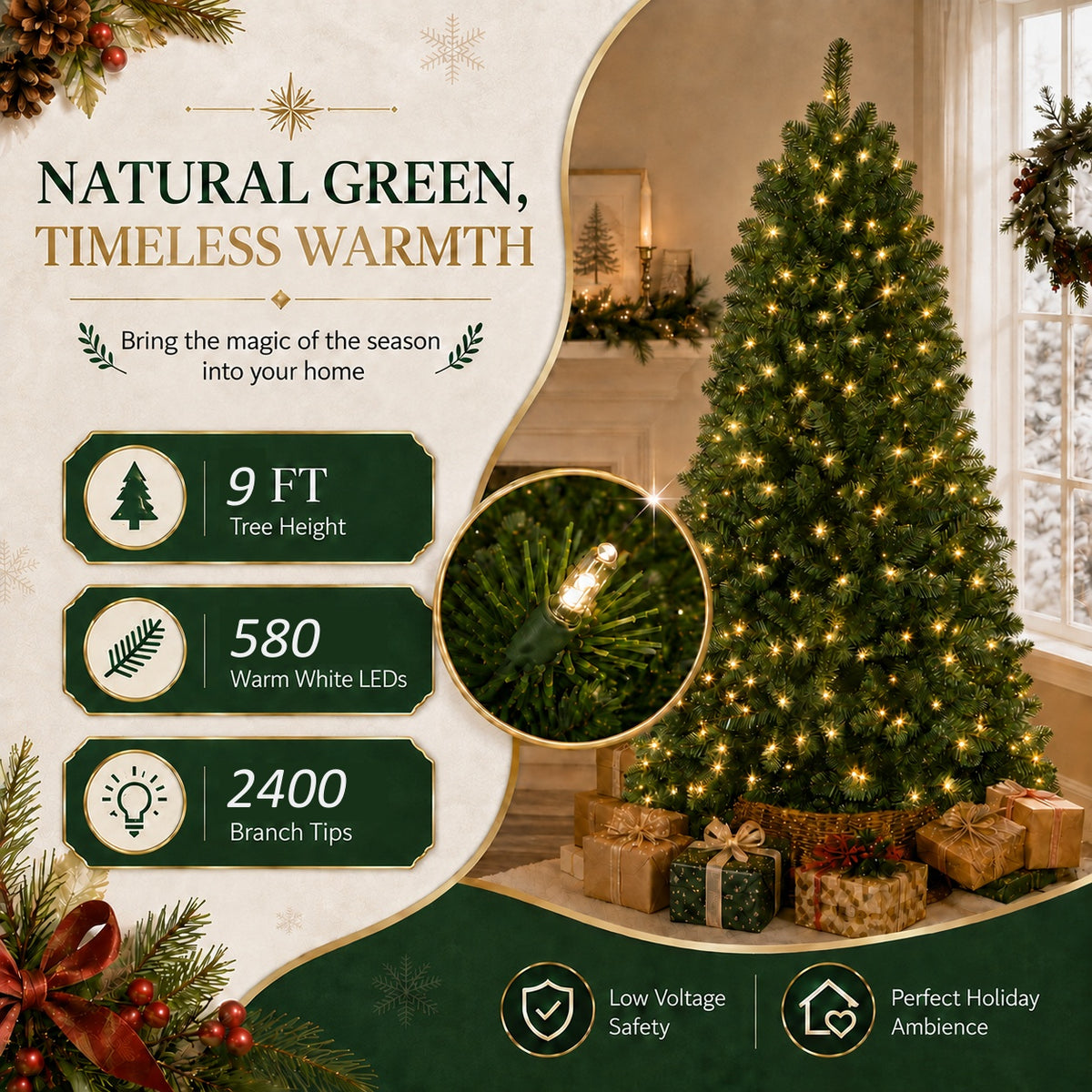 DRNEWI 9ft Pre-Lit Artificial Christmas Tree with 580 Warm White Lights and 2400 Tips for Living Room and Party Decor