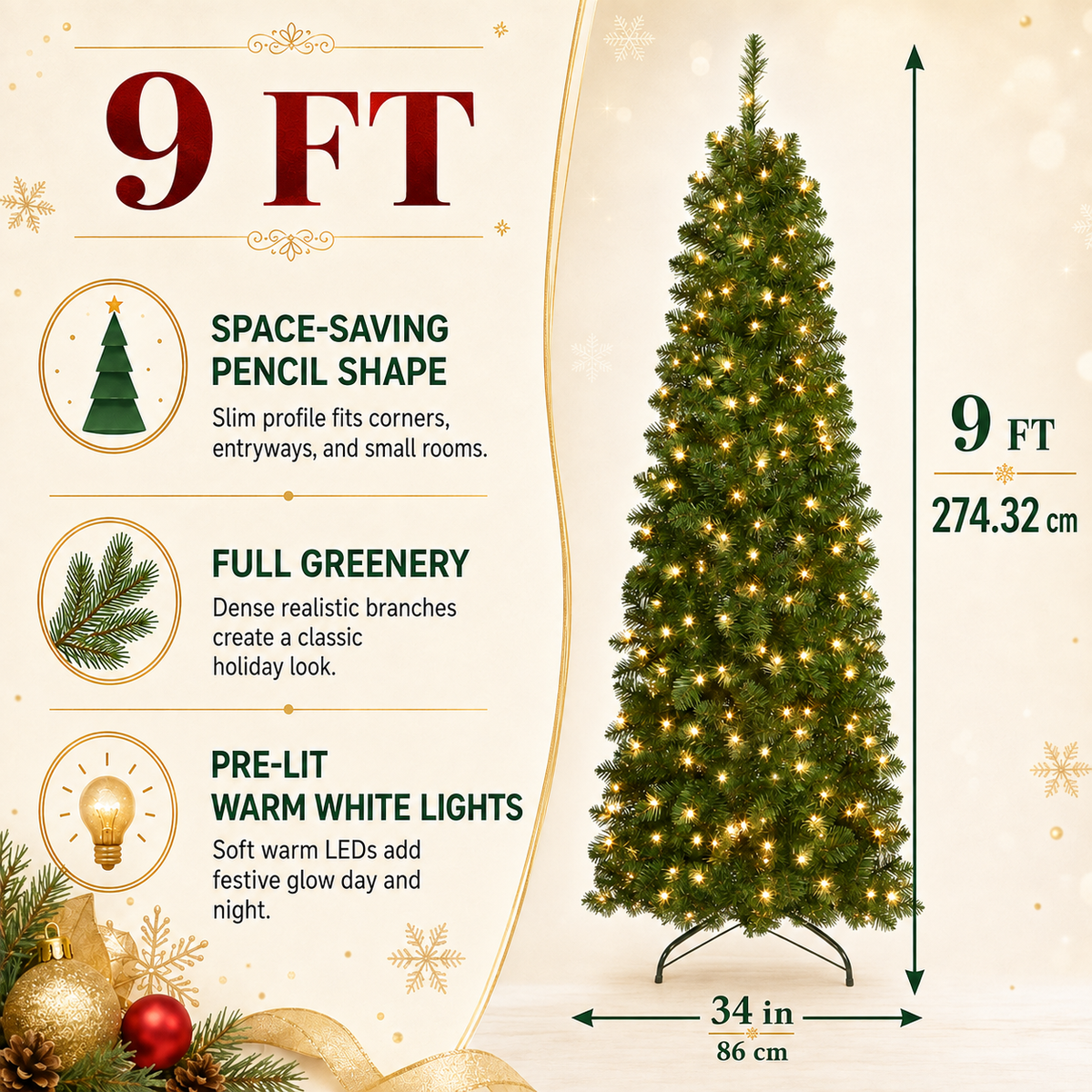 DRNEWI 9ft Prelit Artificial Slim Pencil Christmas Tree with 460 Warm White Lights, Full Branch 1260 Tips