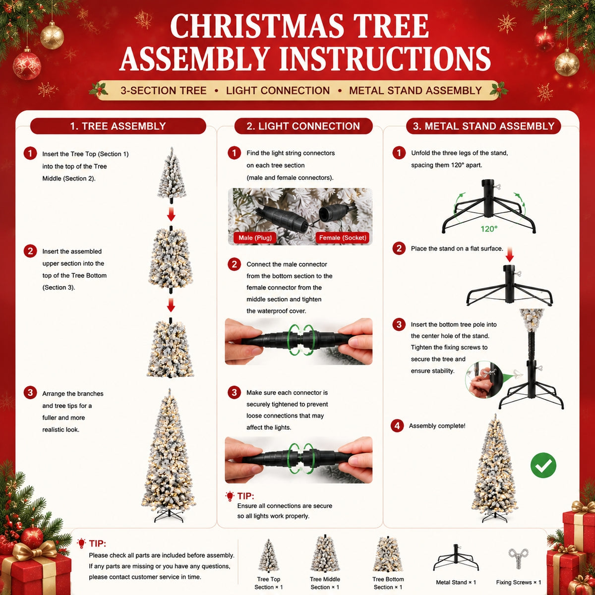 DRNEWI 4.5ft Prelit Snow Flocked Artificial Pencil Christmas Tree with Warm White Lights, Full Branch Tips, Perfect Choice Decoration for Xmas Holiday