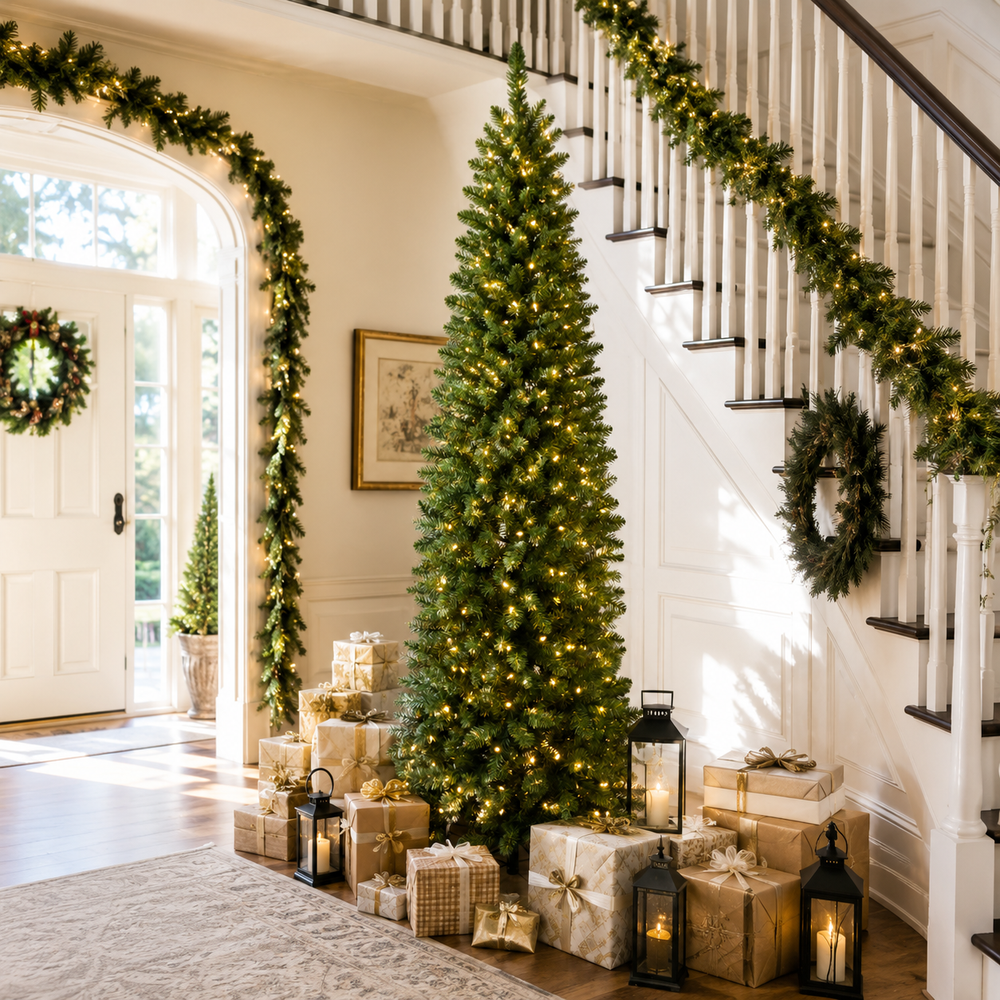 DRNEWI 4.5ft Prelit Artificial Slim Pencil Christmas Tree with 120 Warm White Lights, Full Branch 320 Tips