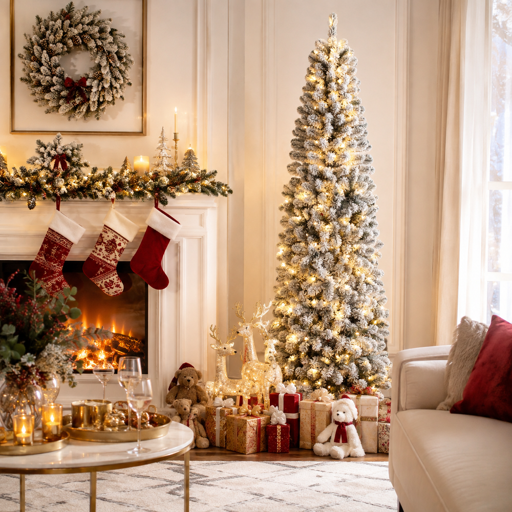 DRNEWI 4.5ft Prelit Snow Flocked Artificial Pencil Christmas Tree with Warm White Lights, Full Branch Tips, Perfect Choice Decoration for Xmas Holiday