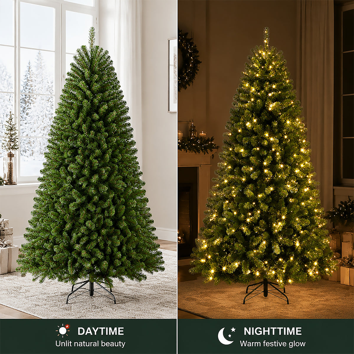 DRNEWI 9ft Pre-Lit Artificial Christmas Tree with 580 Warm White Lights and 2400 Tips for Living Room and Party Decor