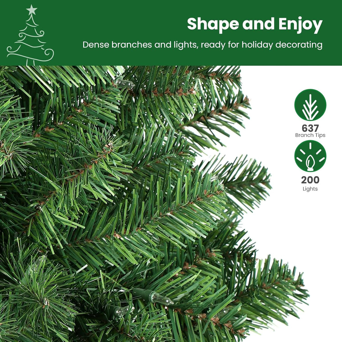 Close-up of green artificial branch tips with product light and branch-count labels.