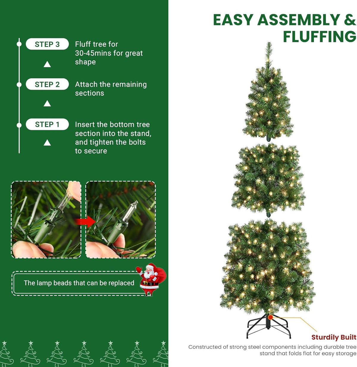 Product assembly illustration showing three tree sections, the metal stand and branch-shaping steps.