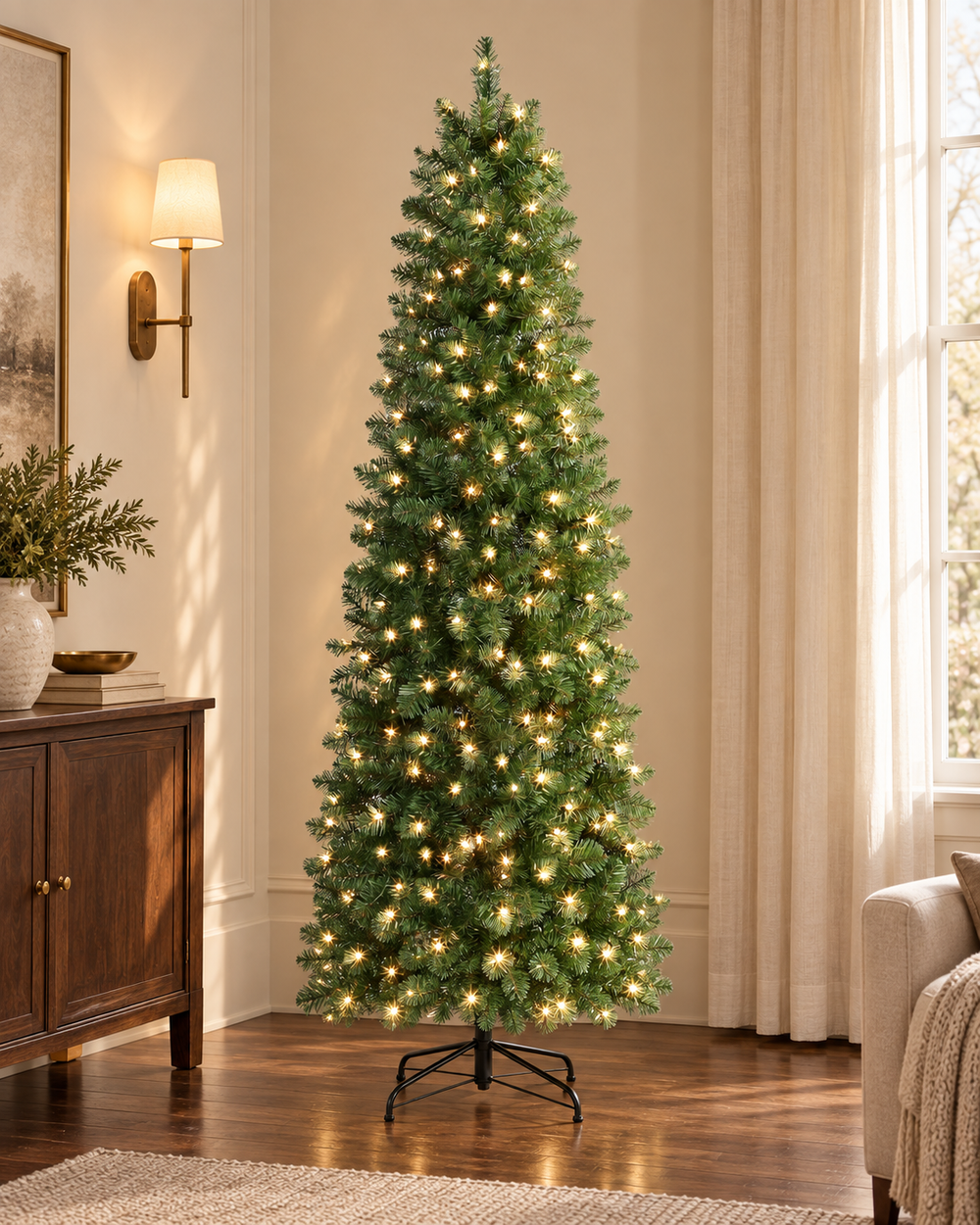 AI-generated styling image of the DRNEWI 6 ft green slim pencil tree in warm-white lighting mode, in an ivory and walnut room. Based on this product's original images; furnishings are styling props and are not included.