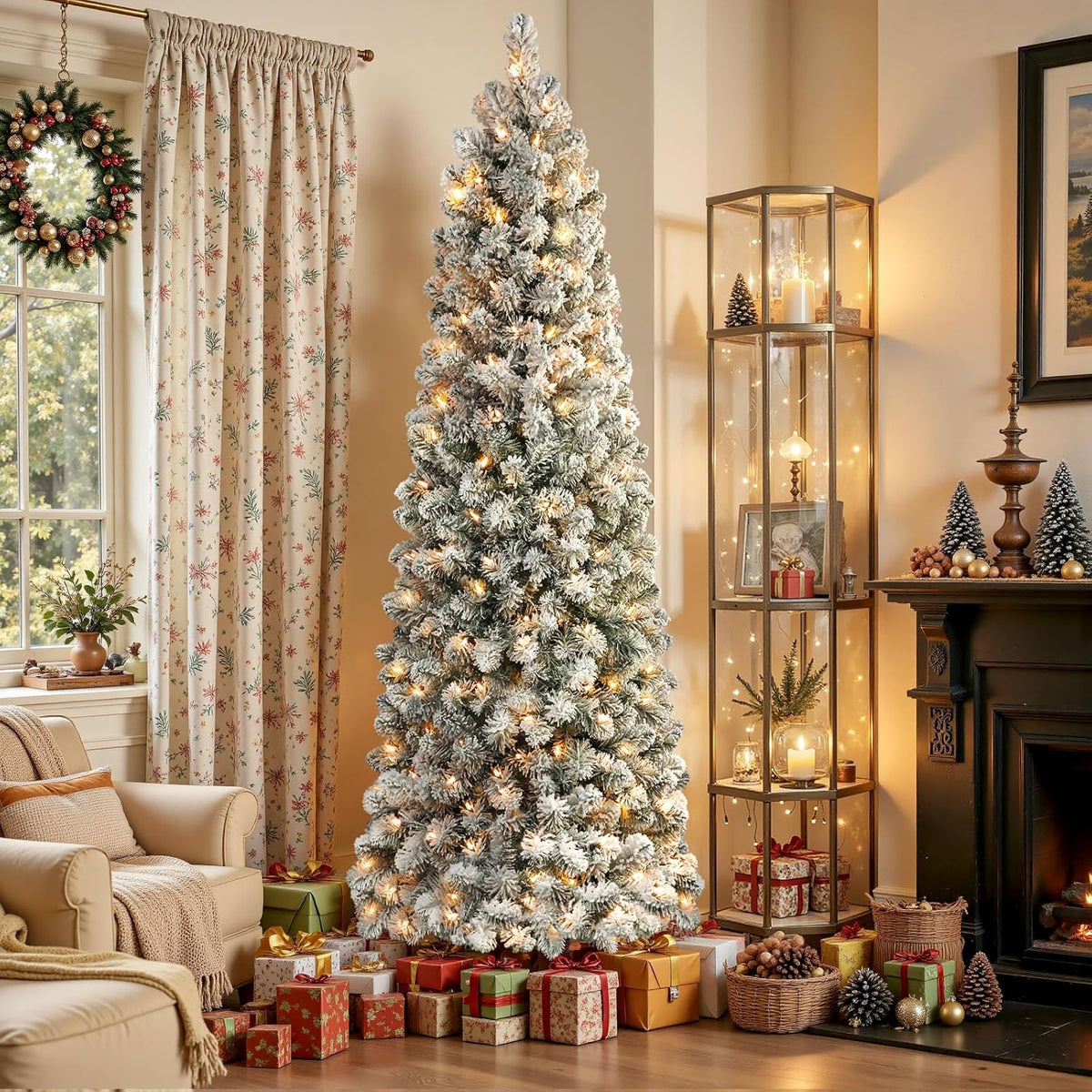 Snow-flocked pencil Christmas tree with warm lights in a living room beside a mantel and gifts.