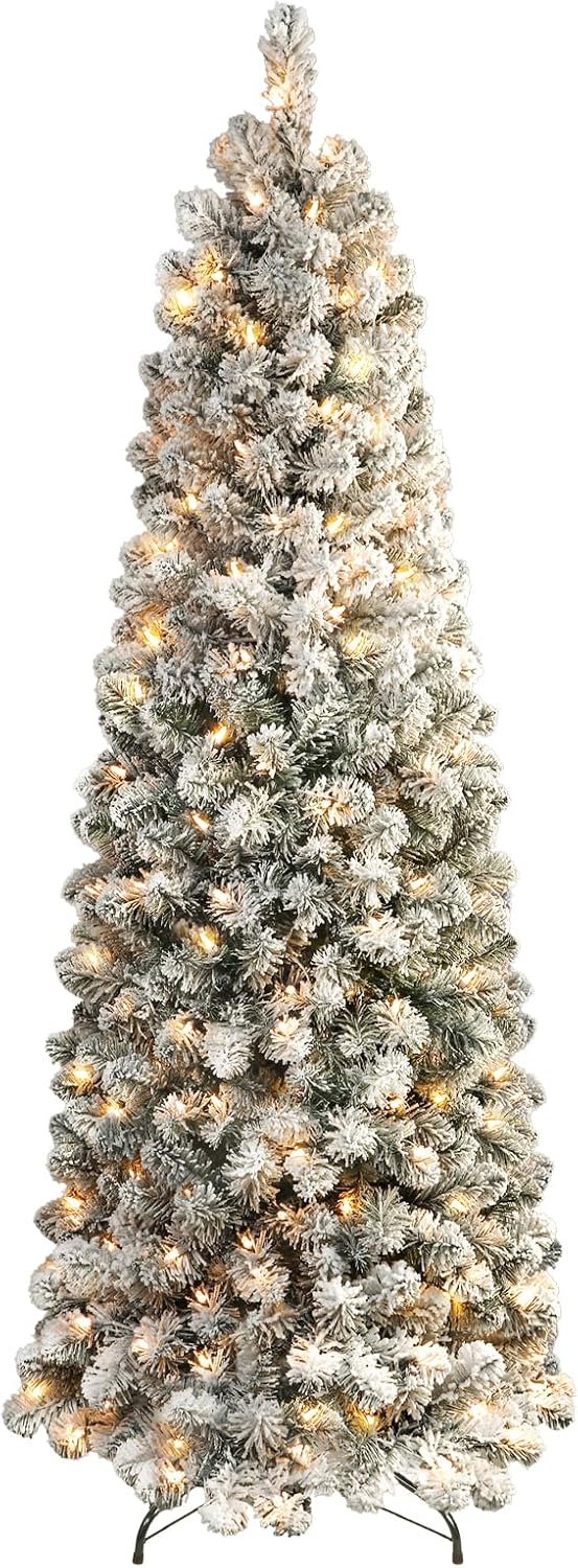 Full view of a snow-flocked pencil Christmas tree with warm lights and a black stand on a white background.