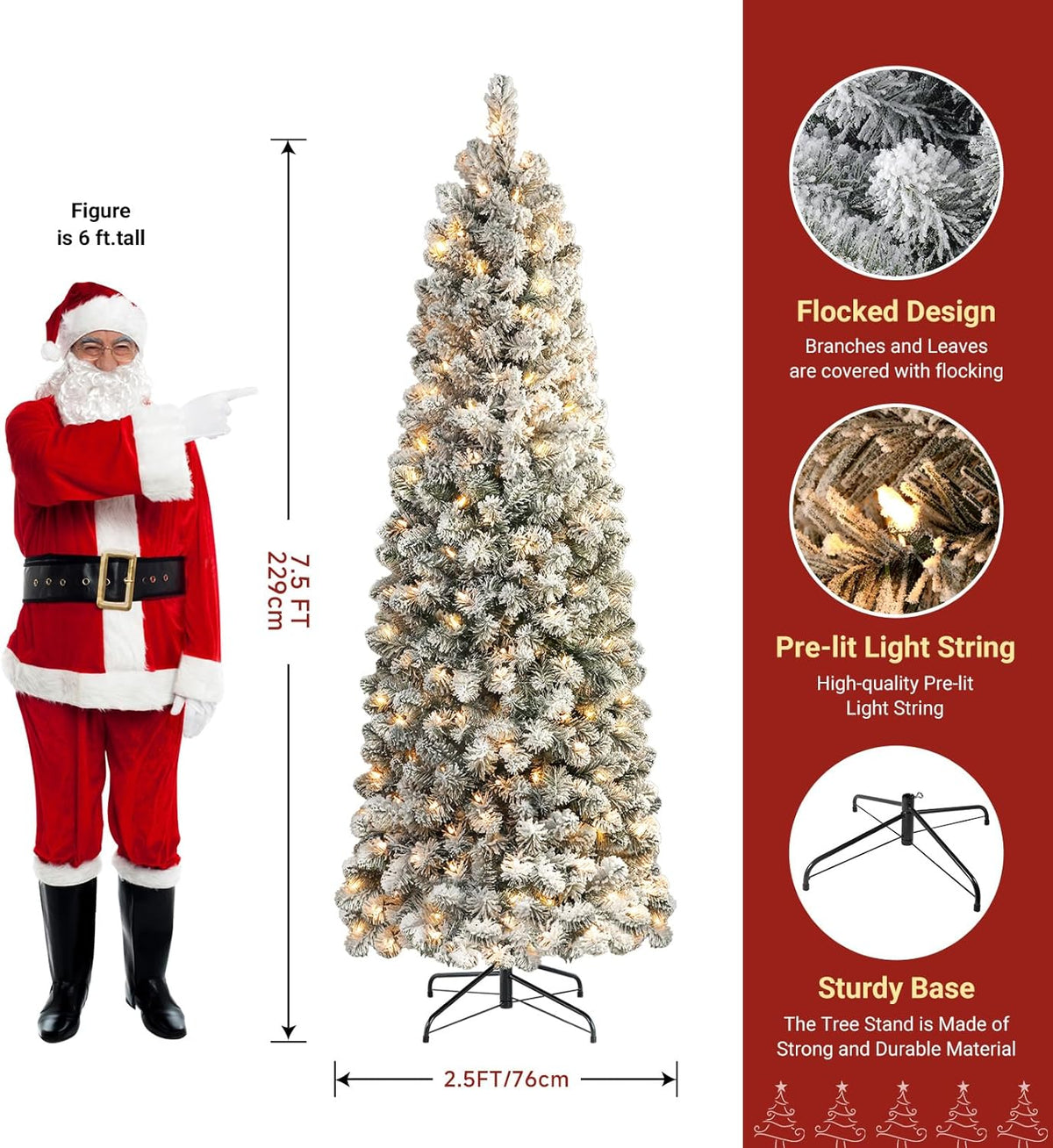 Snow-flocked pencil tree size illustration with a person for scale and branch, light and stand details.