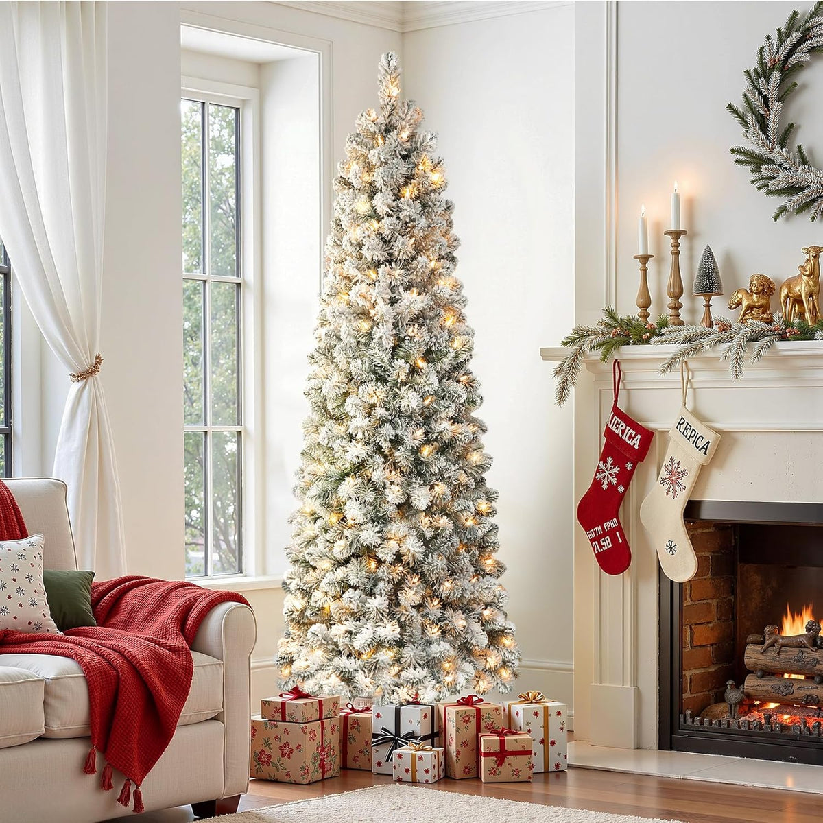 Lit snow-flocked pencil tree in a bright living room beside a decorated mantel.