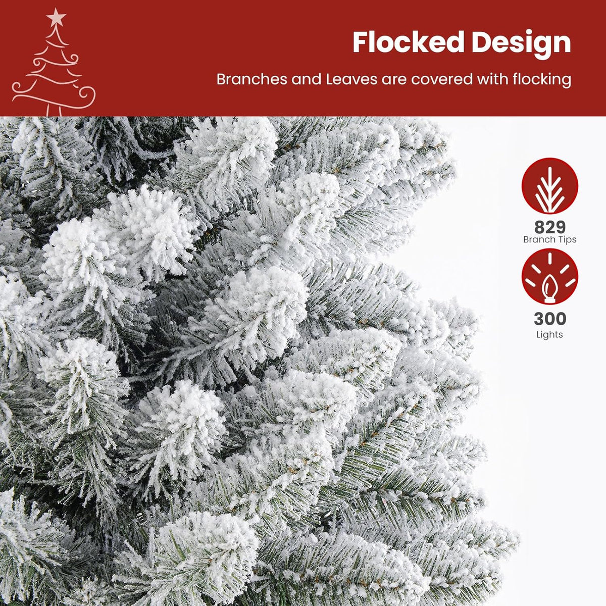 Close-up of snow-flocked artificial branches with product light and branch-count labels.