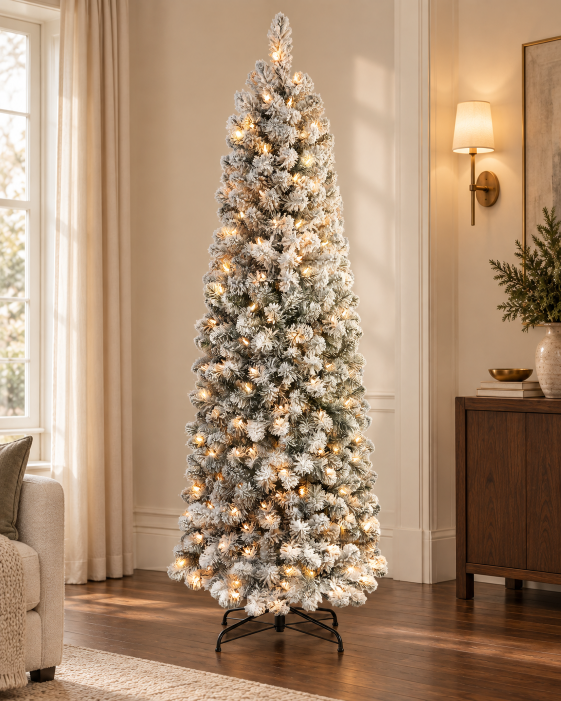 AI-generated styling image of the DRNEWI 7.5 ft snow-flocked slim pencil tree in warm-white lighting mode, in an ivory and walnut room. Based on this product's original images; furnishings are styling props and are not included.