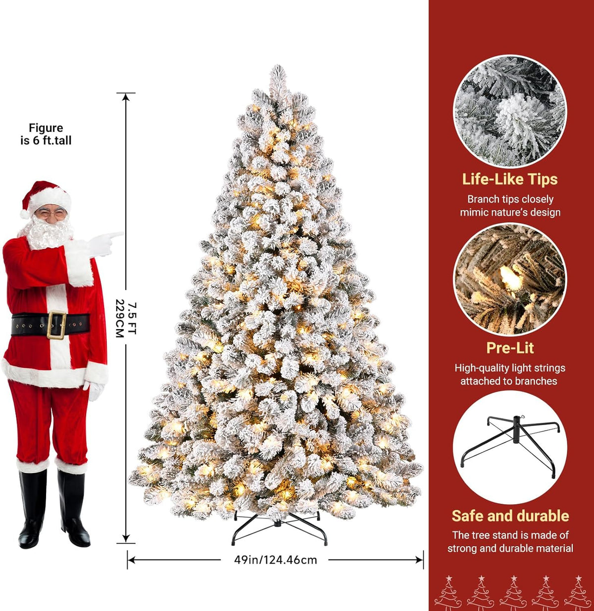 Snow-flocked spruce tree size illustration with a person for scale and branch, light and stand details.