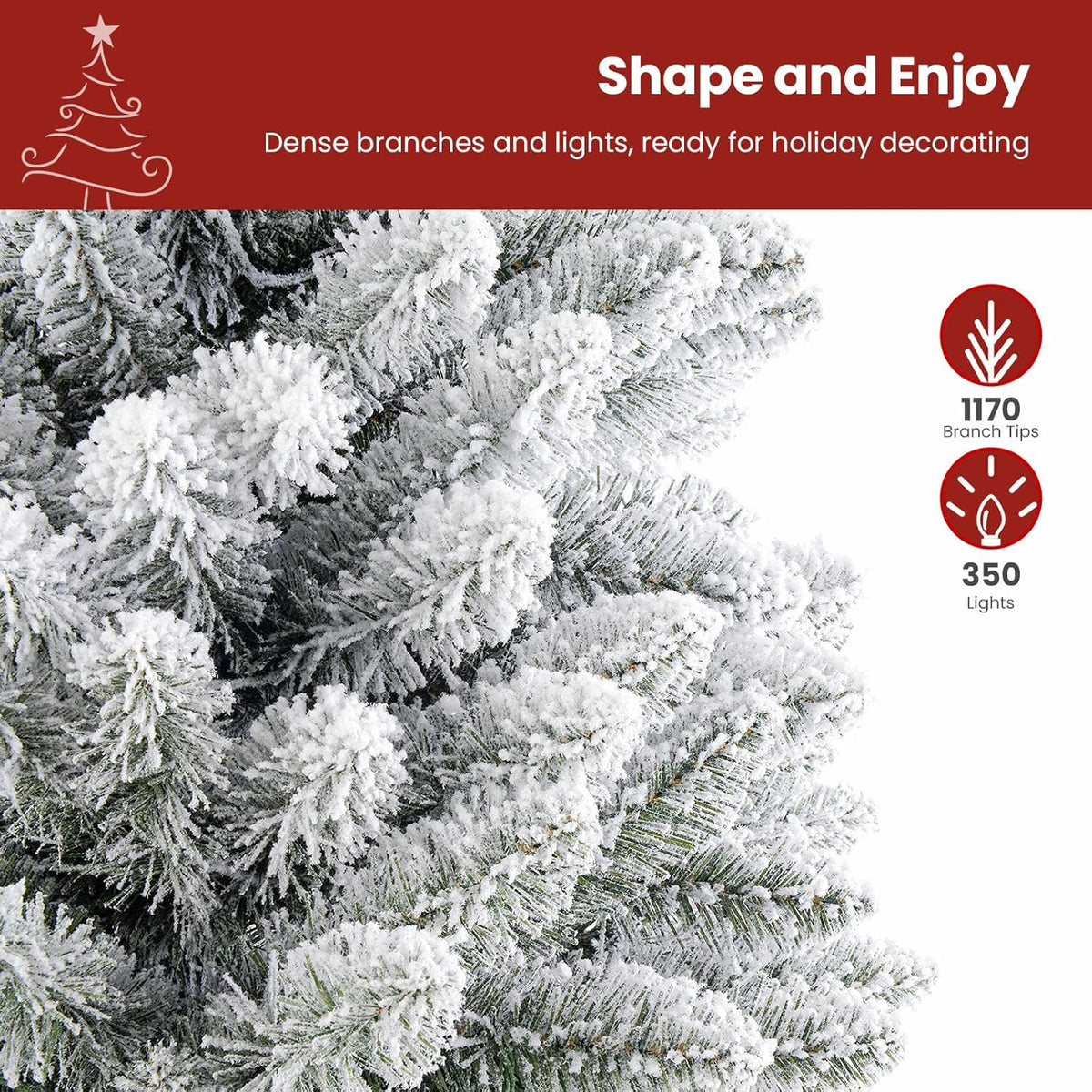 Close-up of snow-flocked spruce branches with product labels for 1,170 branch tips and 350 lights.