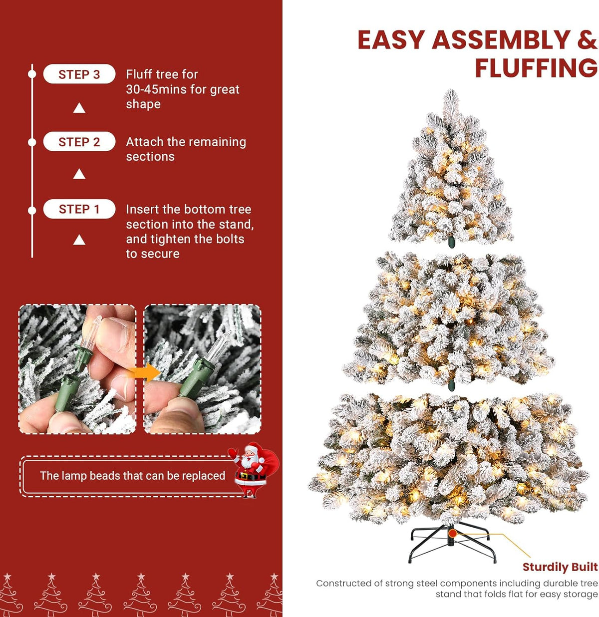 Assembly illustration showing flocked tree sections, the stand and branch-shaping steps.
