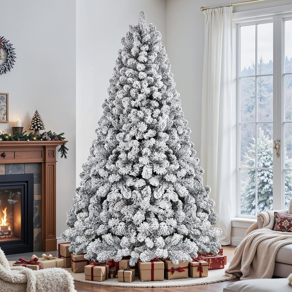 Full snow-flocked spruce tree shown with its lights off in a living room.