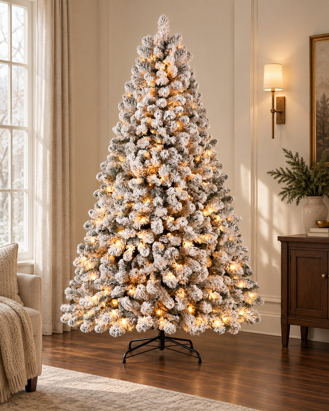 AI-generated styling image of the DRNEWI 7.5 ft full snow-flocked spruce tree in warm-white lighting mode, in an ivory and walnut room. Based on this product's original images; furnishings are styling props and are not included.