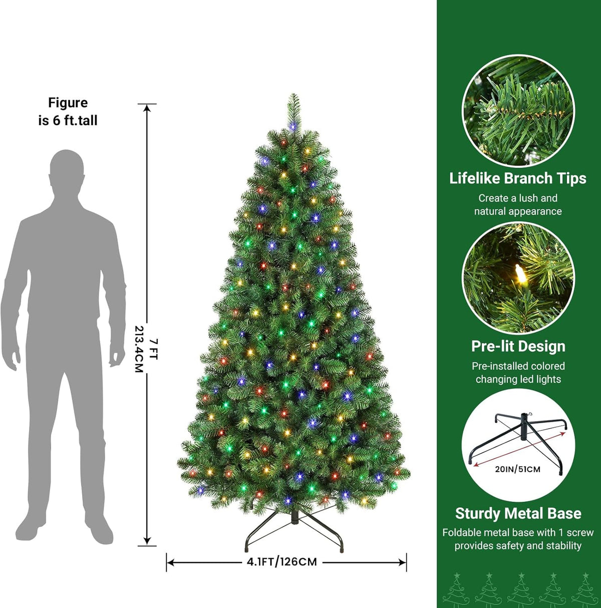 Green spruce tree size illustration with multicolor lights, a person for scale and branch and stand details.