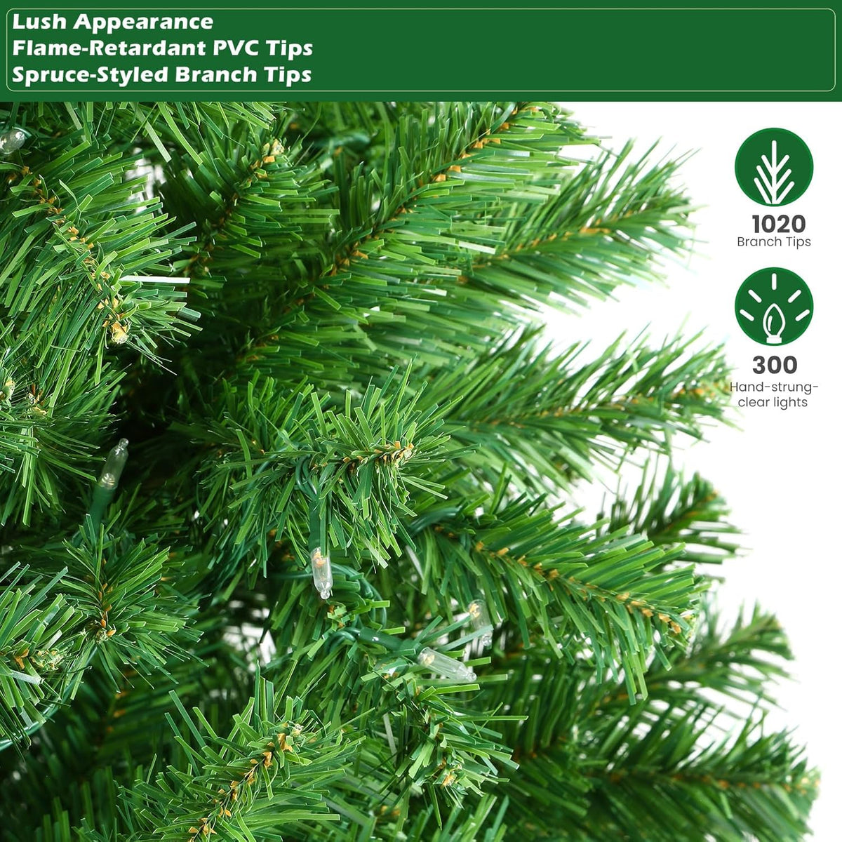 Close-up of green spruce-style artificial branches and an LED light, with product specification labels.